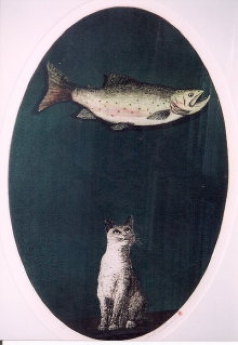 版画(魚と猫)