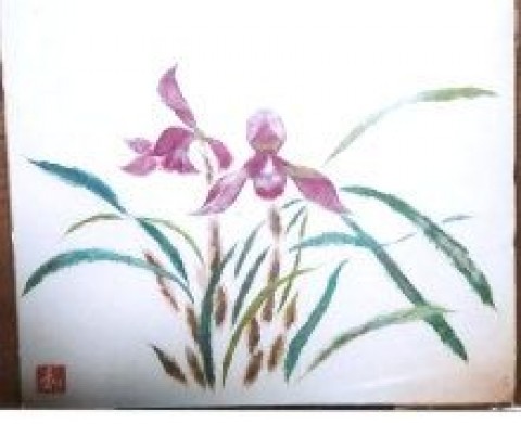 和紙で描いたランの花